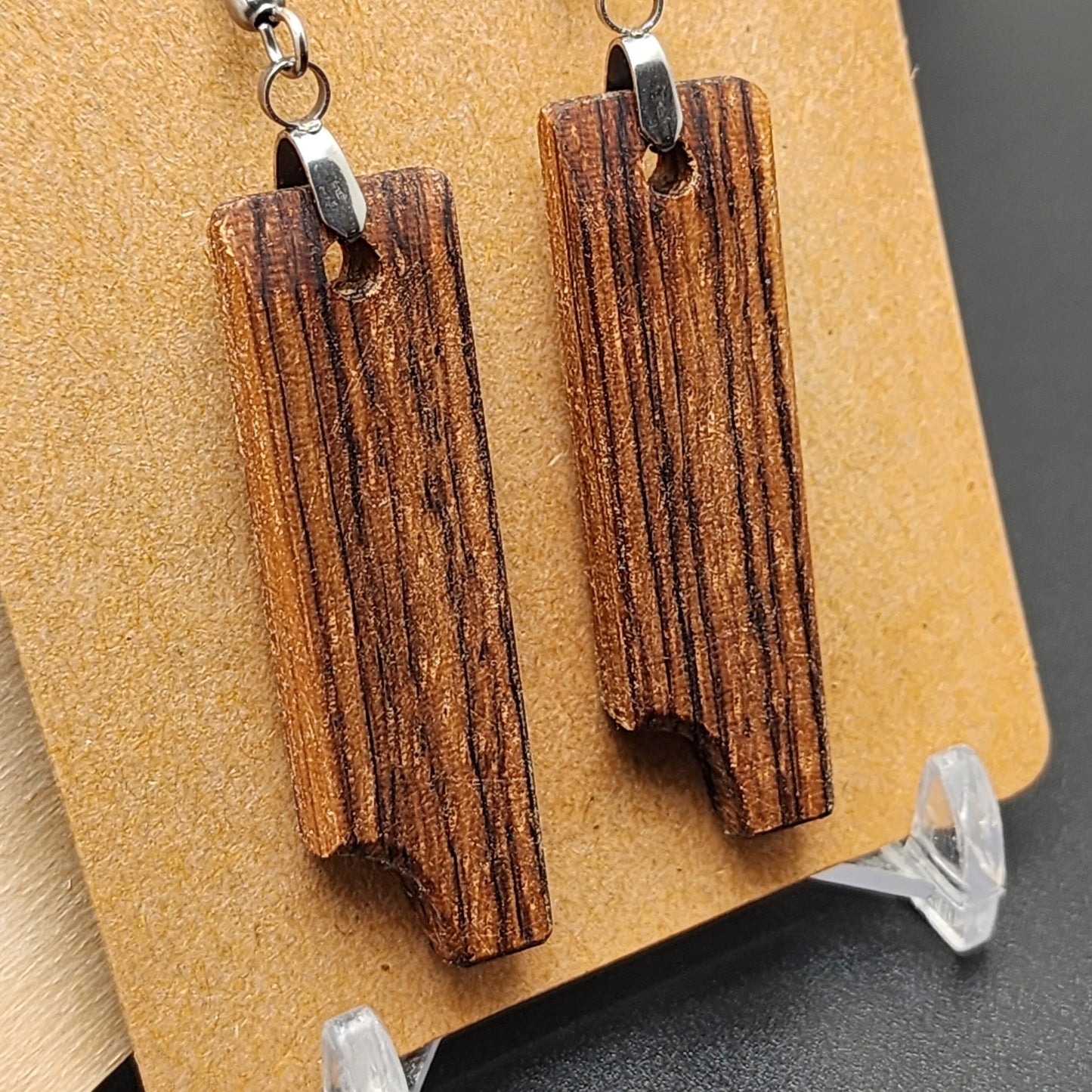 Exotic Wood Earrings - Zebrawood with Red Oak, Hypo-Allergenic Stainless Steel Hooks