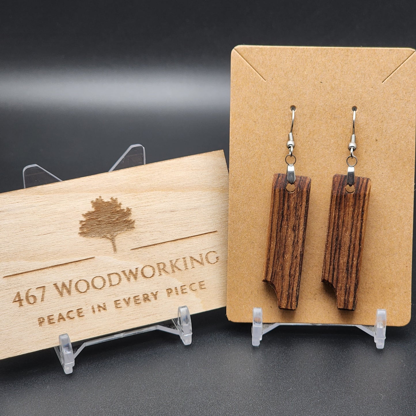Exotic Wood Earrings - Zebrawood with Red Oak, Hypo-Allergenic Stainless Steel Hooks