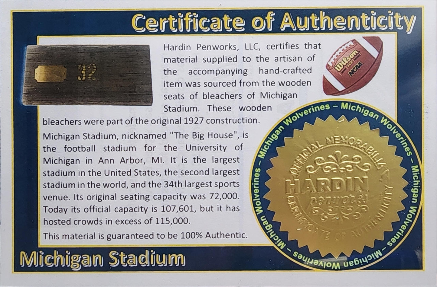 University of Michigan Pen | Michigan Stadium Souvenir Pen | College Football | Collectible | NCAA | Handcrafted Pen | Wolverines Fan Gift
