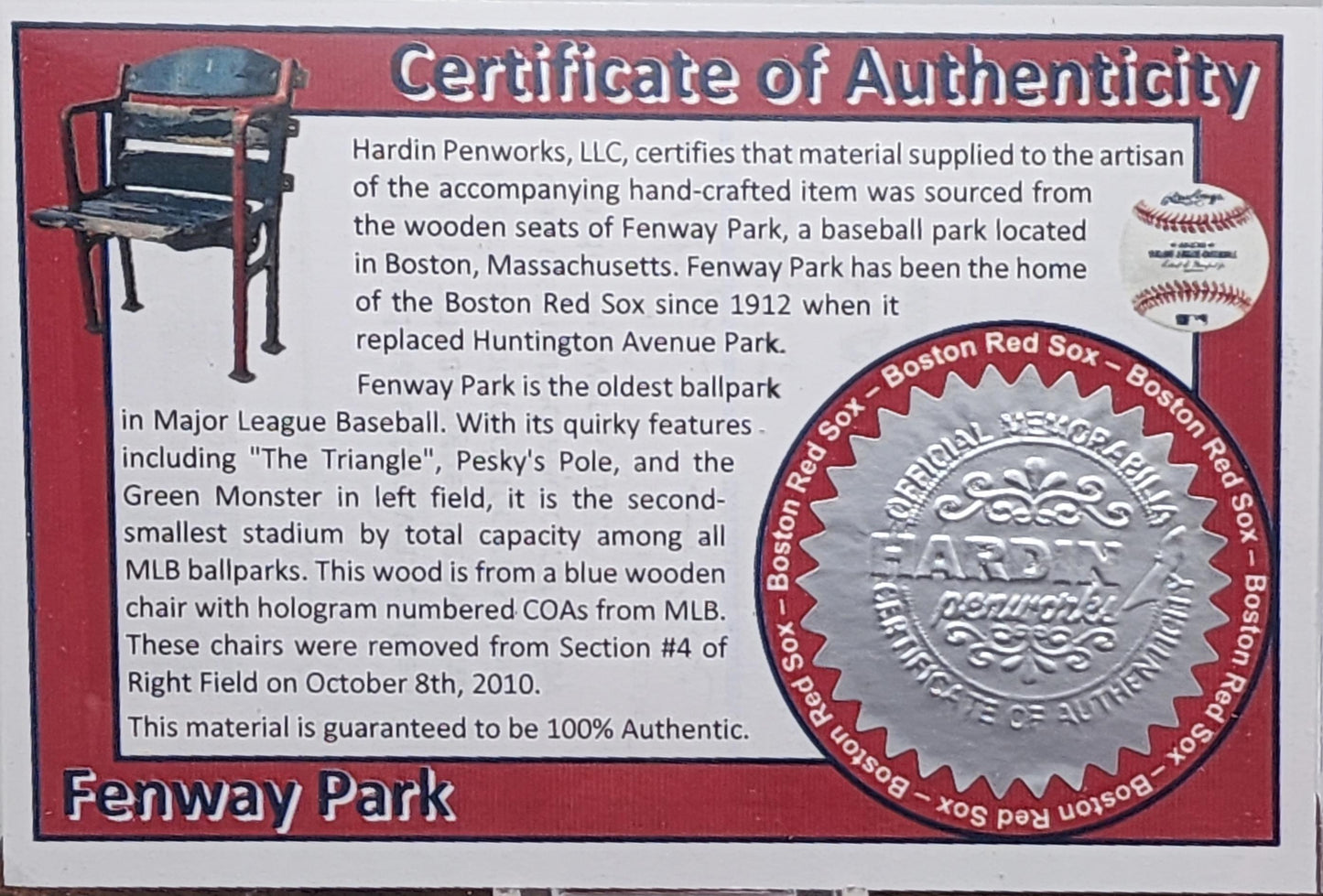 Boston Red Sox Pen | Fenway Park Wooden Seat Souvenir Pen | Fenway Park | Baseball | Collectible | MLB | Handcrafted | Red Sox Fan Gift