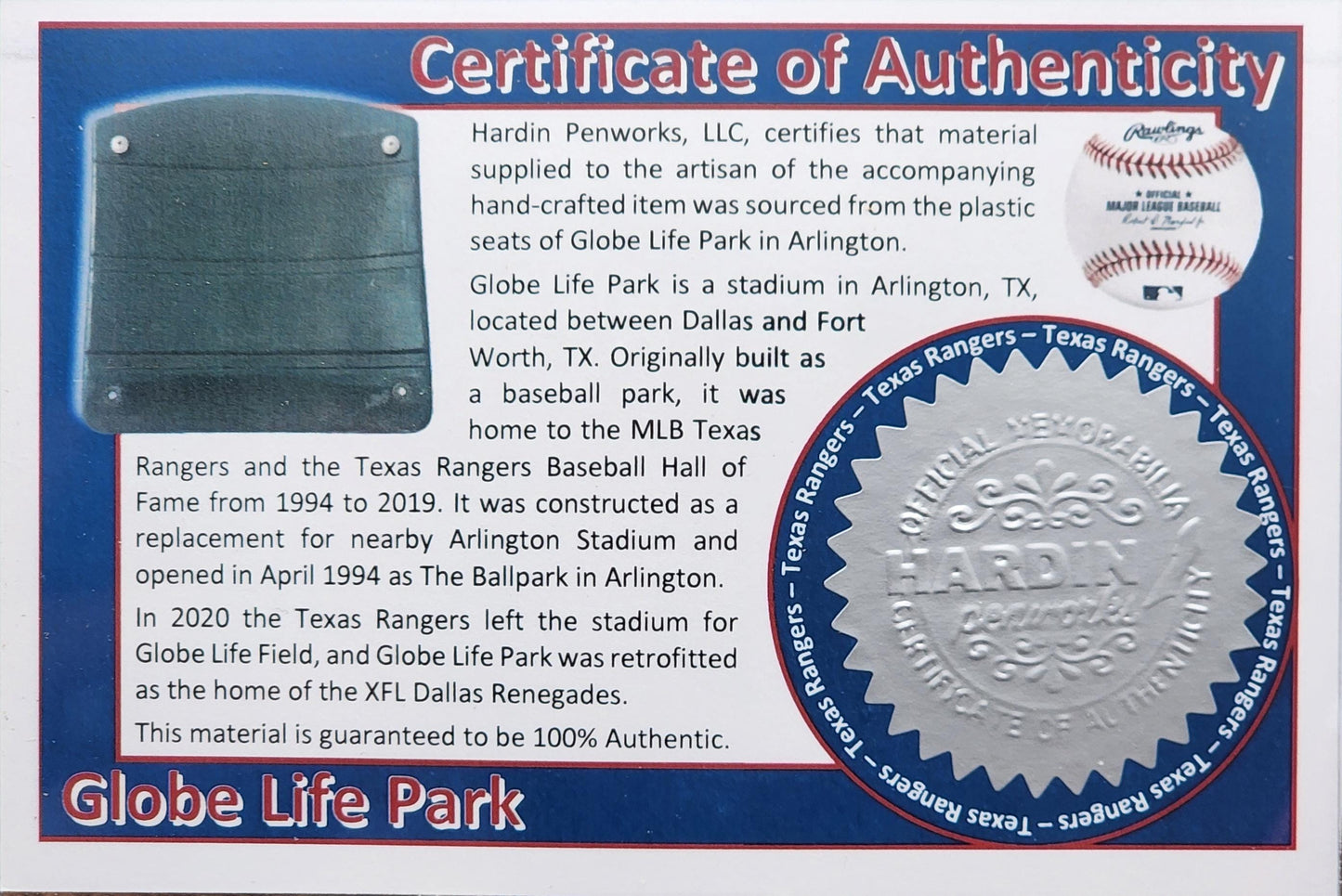 Texas Rangers Pen | Globe Life Park Seat Pen | Baseball | Collectible | MLB | Handcrafted | Rangers Fan Gift