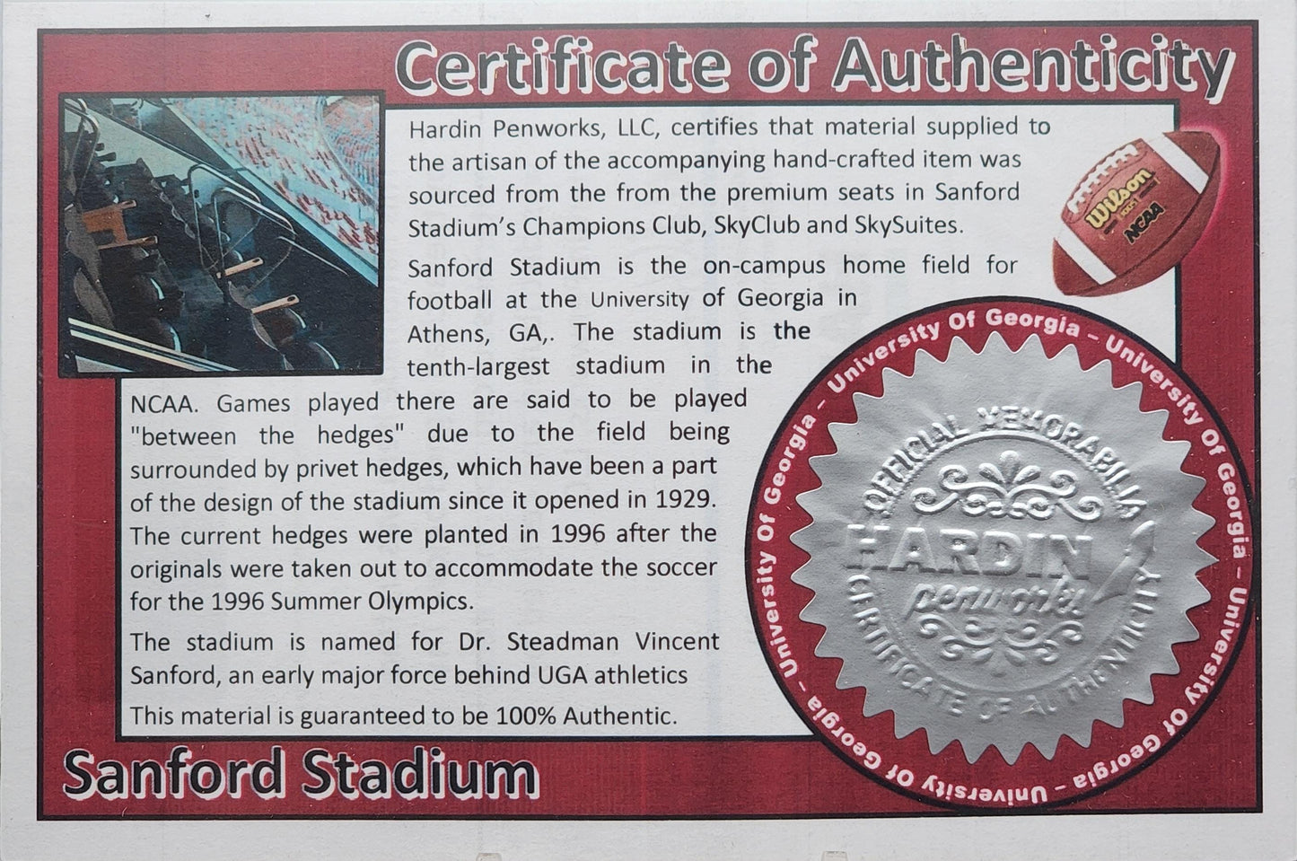 University of Georgia Pen | Sanford Stadium Plastic Seat Souvenir Pen | College Football | Collectible | NCAA | SEC | Bulldogs Fan Gift