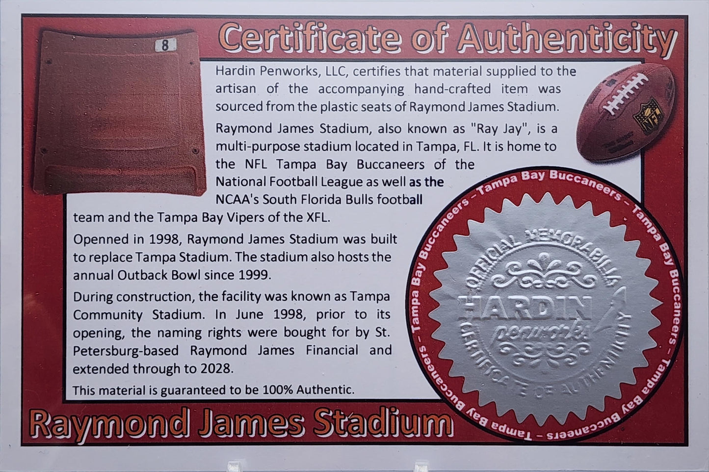 Tampa Bay Buccaneers | Raymond James Stadium Souvenir Pen | NFL | Collectible | Handcrafted | Buccaneers Fan Gift | NFC South