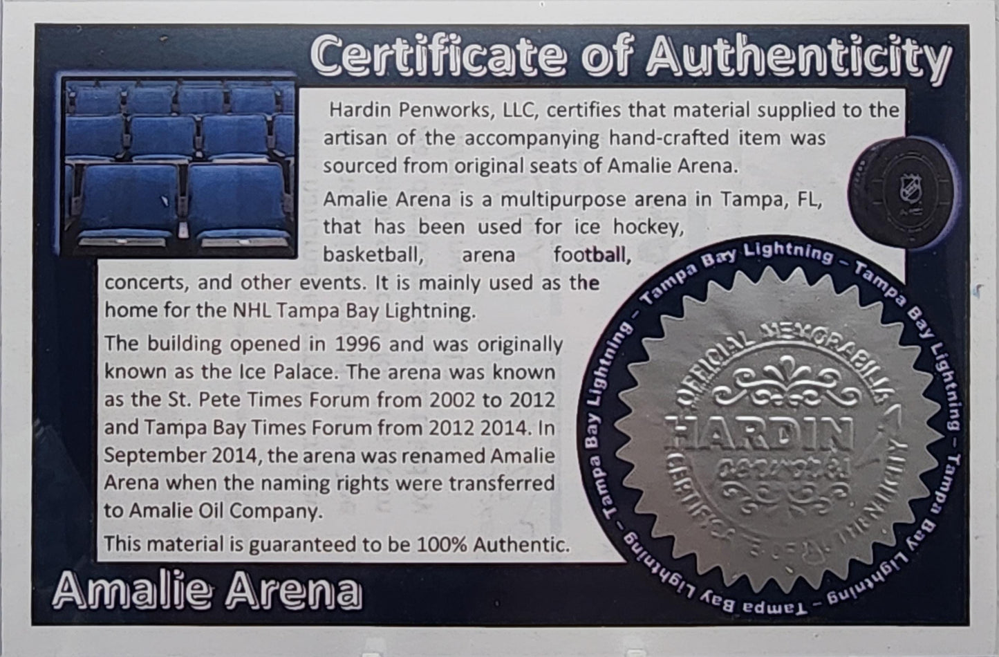 Tampa Bay Lightning | Amalie Arena Souvenir Hockey Pen | NHL | Collectible | Handcrafted | Lightning Fan Gift | Eastern Conference