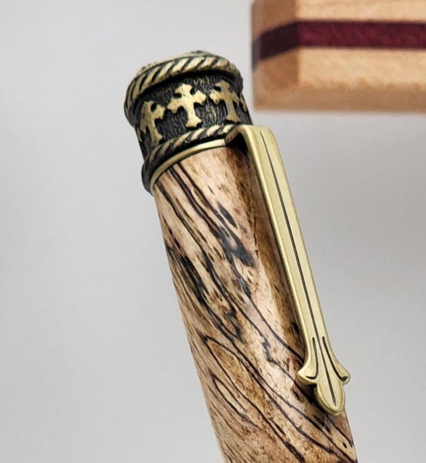 Faith, Hope, & Love Pen | Ballpoint Ink Pen | Twist Pen | 1 Corinthians 13:13 | Christian | Spalted Pecan Twist Pen | Antique Brass Pen