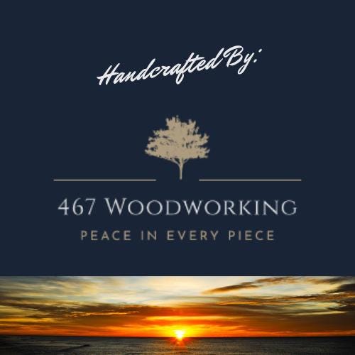 467 Woodworking brand card with tree logo and tagline “Peace in every piece.” Background features a sunset over the ocean, symbolizing calm and craftsmanship.