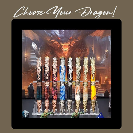 - Choose Your Dragon!
Full collection of 8 handcrafted dragon pens in copper, pewter, and brass finishes—fantasy-themed writing tools with sculpted hardware.