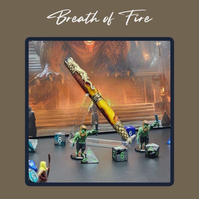 - Breath of Fire
Handcrafted dragon pen in brass with fiery red resin barrel, inspired by elemental flame—fantasy gift for writers and gamers