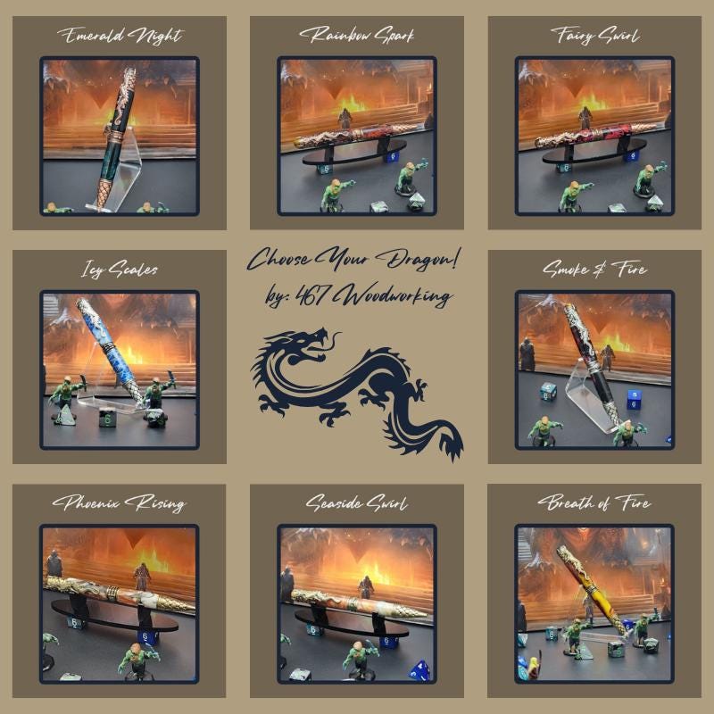 Grouped dragon pens displayed with fantasy dice and dragon figurines—handmade pens for collectors, gamers, and storytellers.