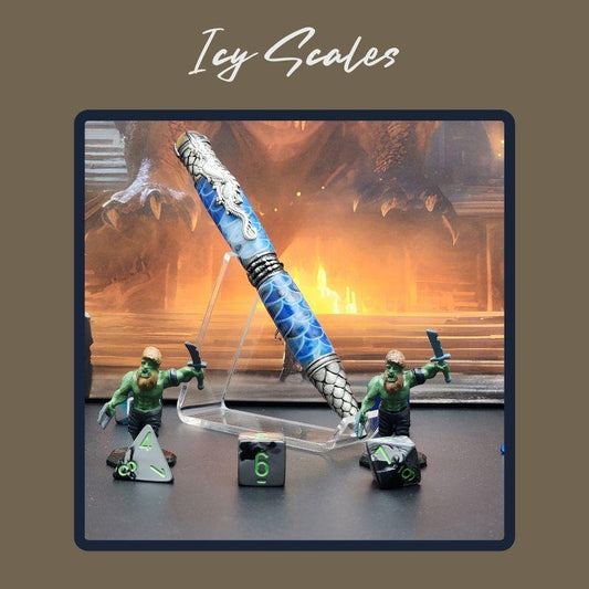 - Icy Scales
Pewter dragon pen with frosty blue resin barrel—handcrafted pen inspired by ice dragons and winter legends.