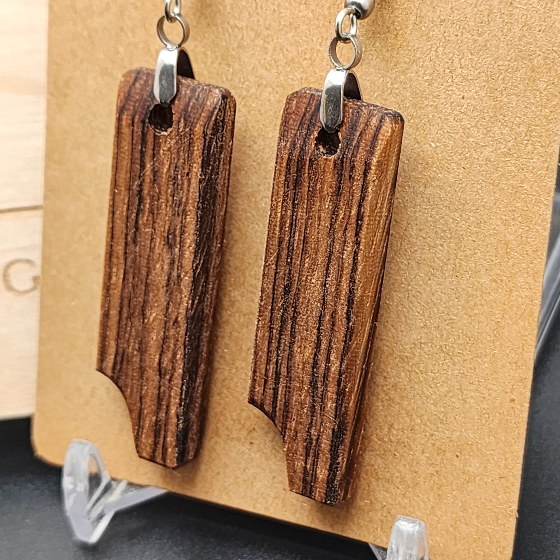 Exotic Wood Earrings - Zebrawood with Red Oak, Hypo-Allergenic Stainless Steel Hooks