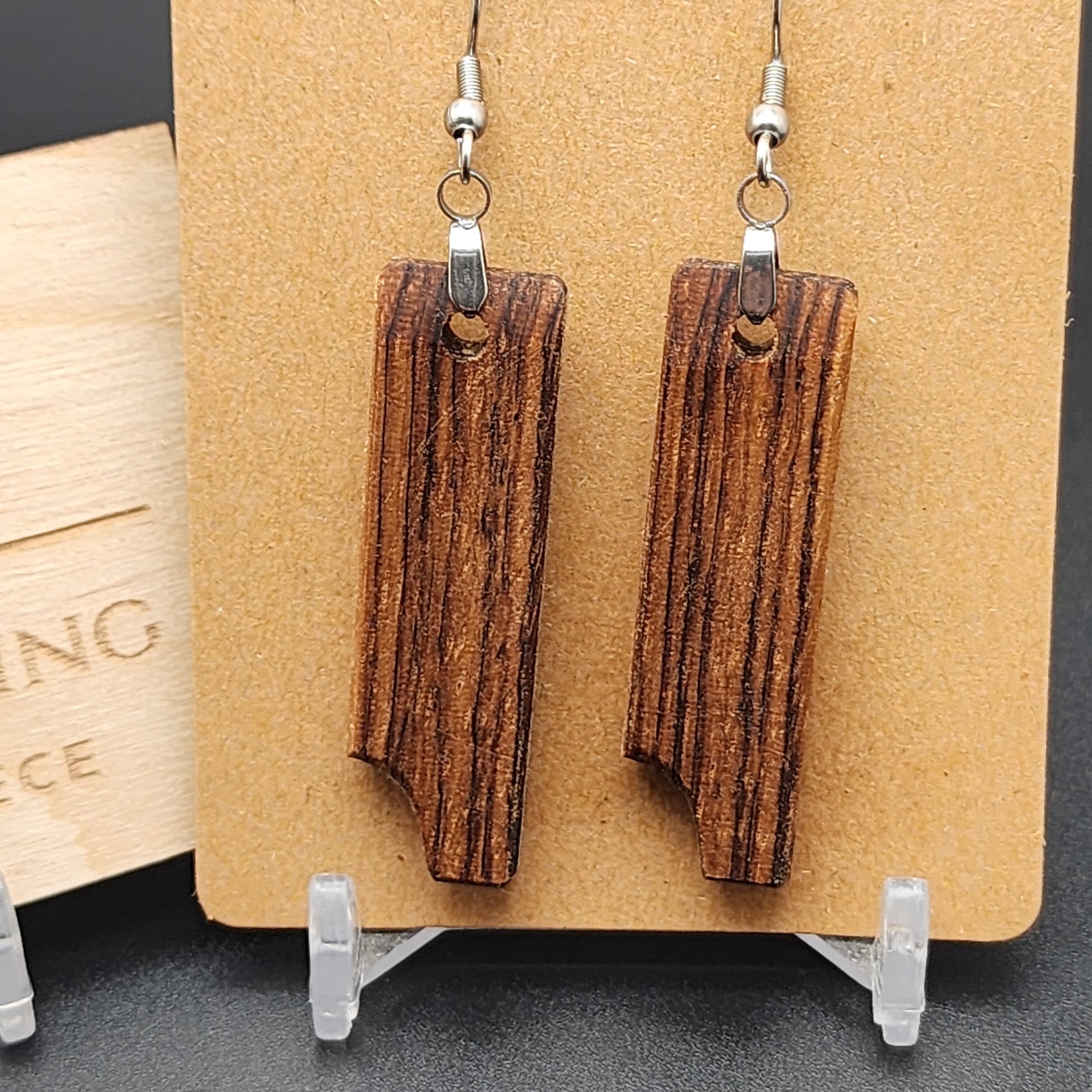 Exotic Wood Earrings - Zebrawood with Red Oak, Hypo-Allergenic Stainless Steel Hooks