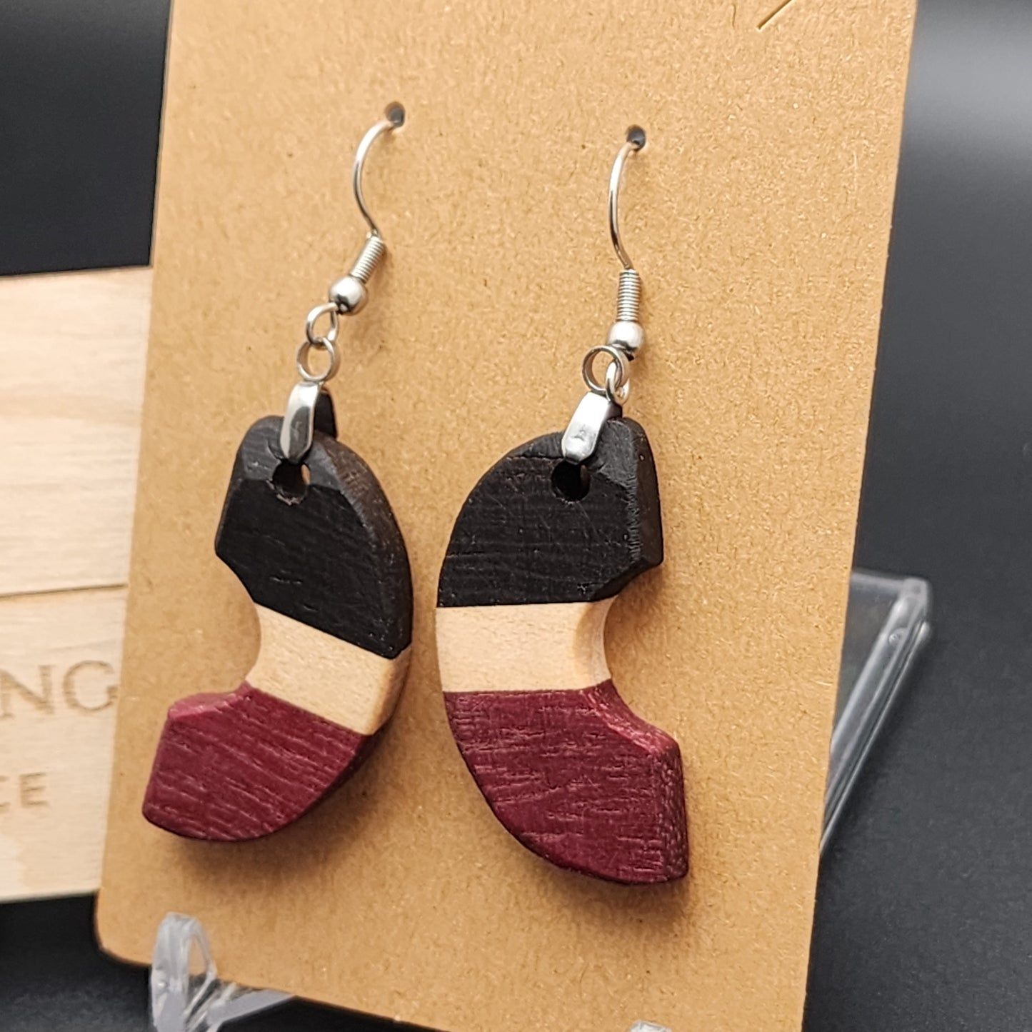 Exotic Wood Earrings - Wenge, Purpleheart, and Maple, Hypo-Allergenic Stainless Steel Hooks