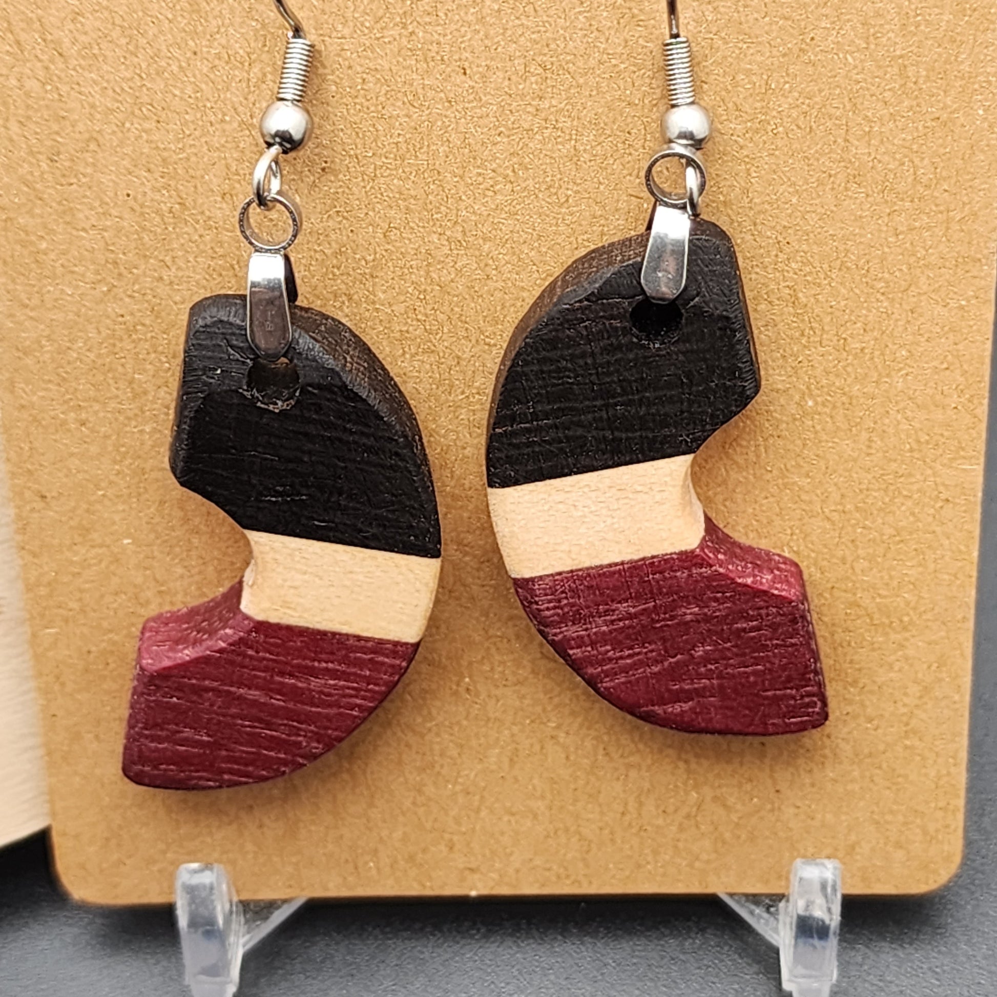 Exotic Wood Earrings - Wenge, Purpleheart, and Maple, Hypo-Allergenic Stainless Steel Hooks