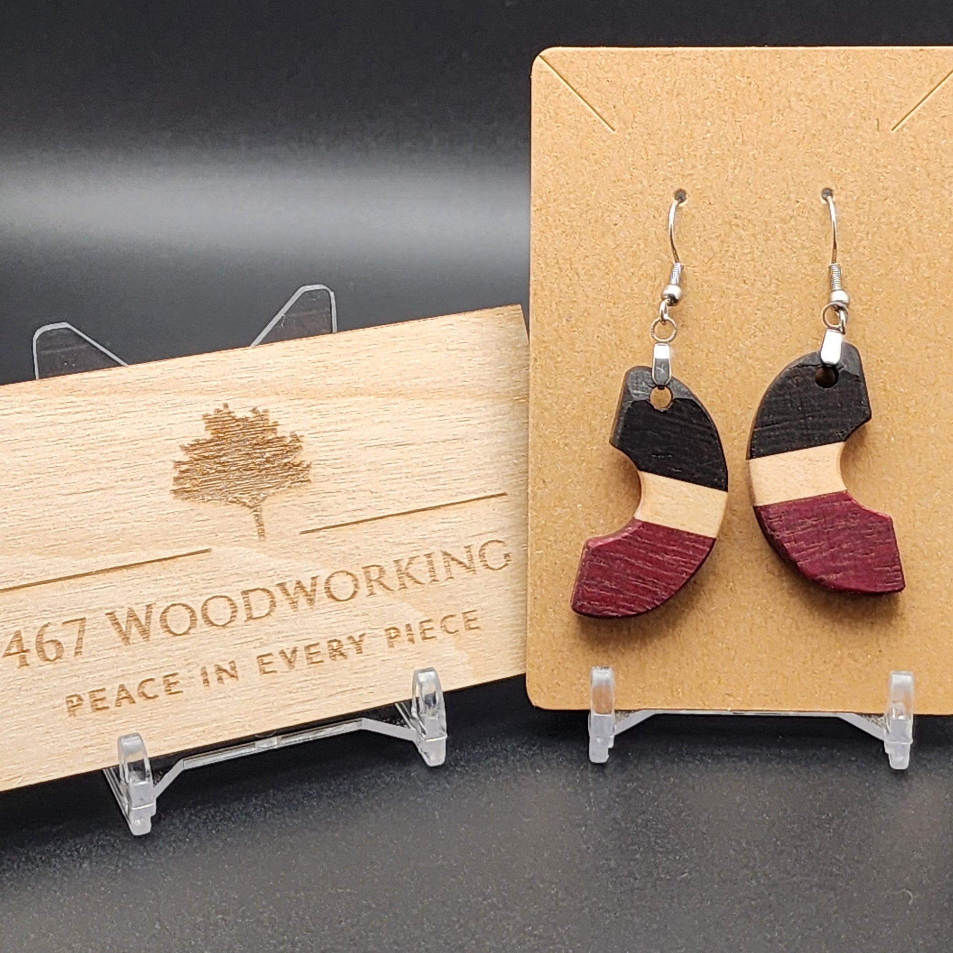 Exotic Wood Earrings - Wenge, Purpleheart, and Maple, Hypo-Allergenic Stainless Steel Hooks