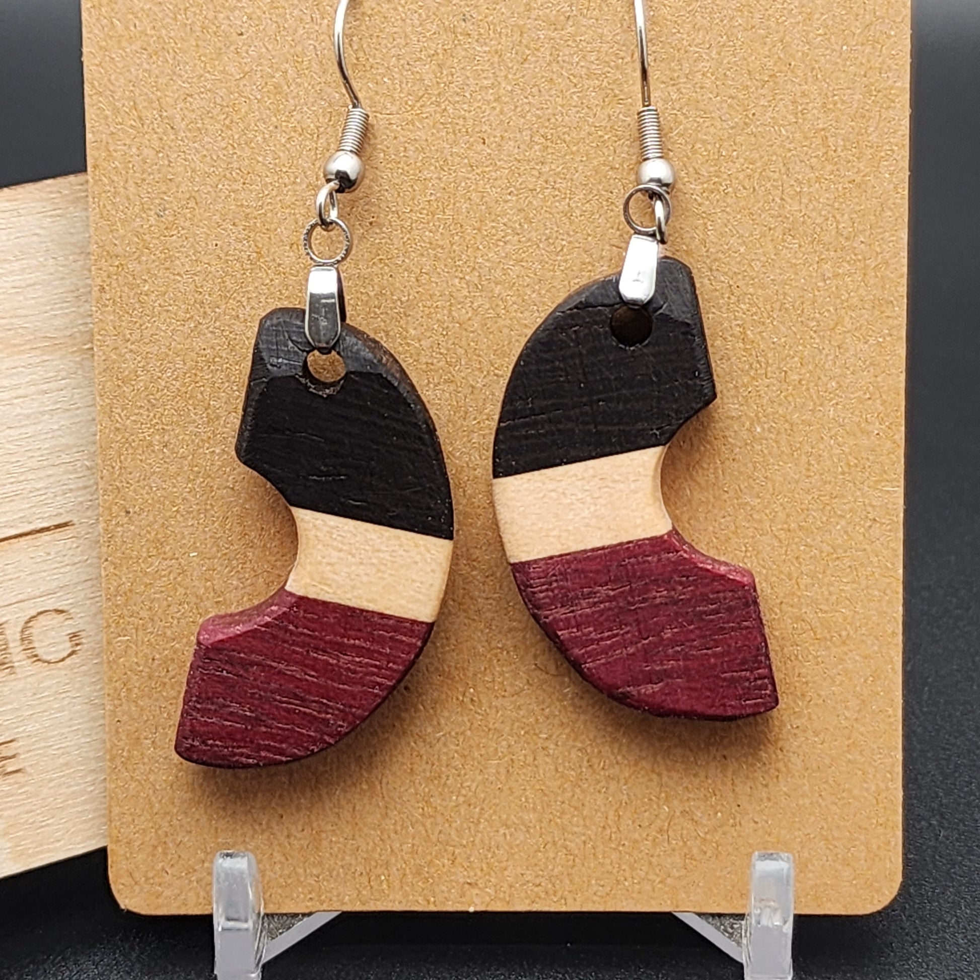 Exotic Wood Earrings - Wenge, Purpleheart, and Maple, Hypo-Allergenic Stainless Steel Hooks