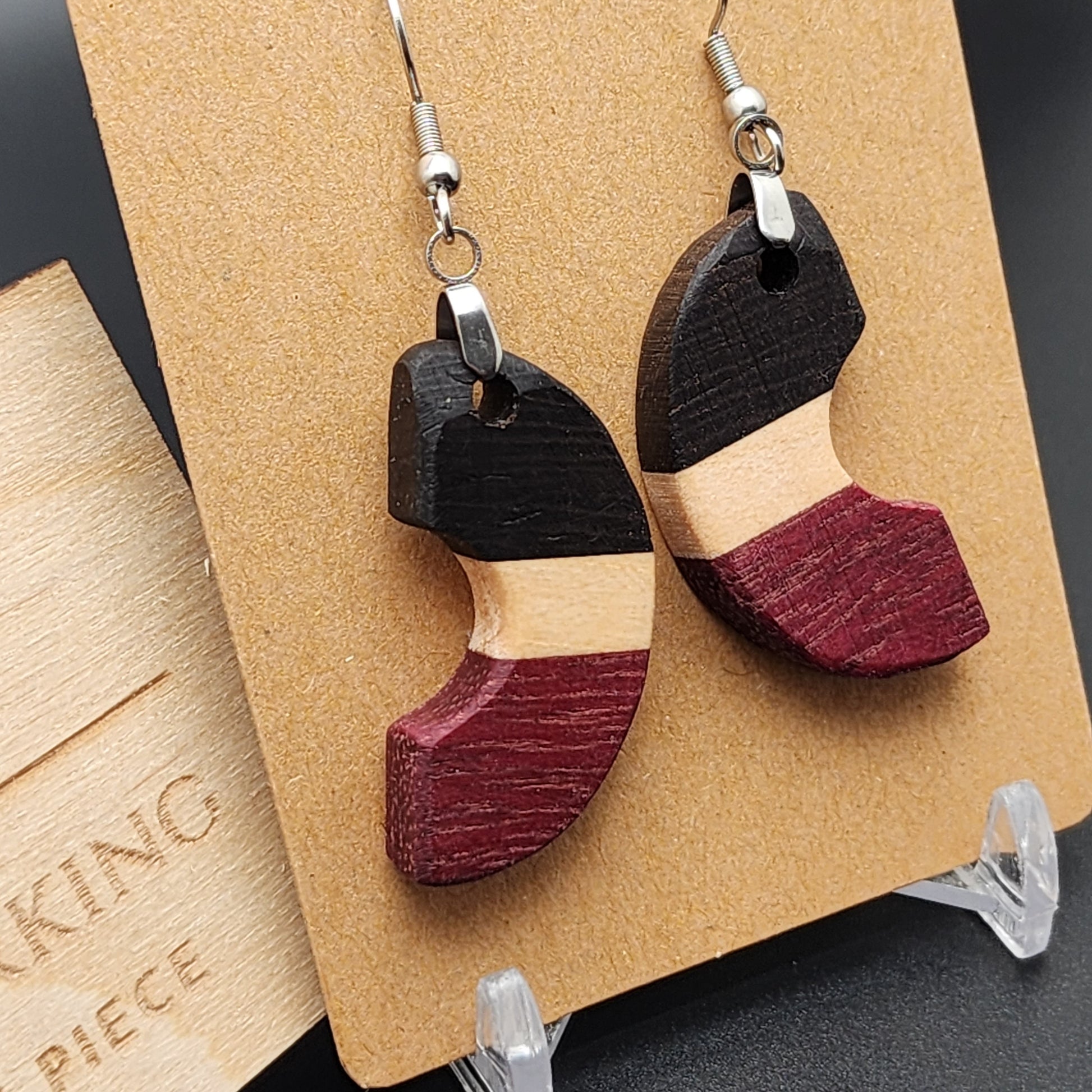 Exotic Wood Earrings - Wenge, Purpleheart, and Maple, Hypo-Allergenic Stainless Steel Hooks