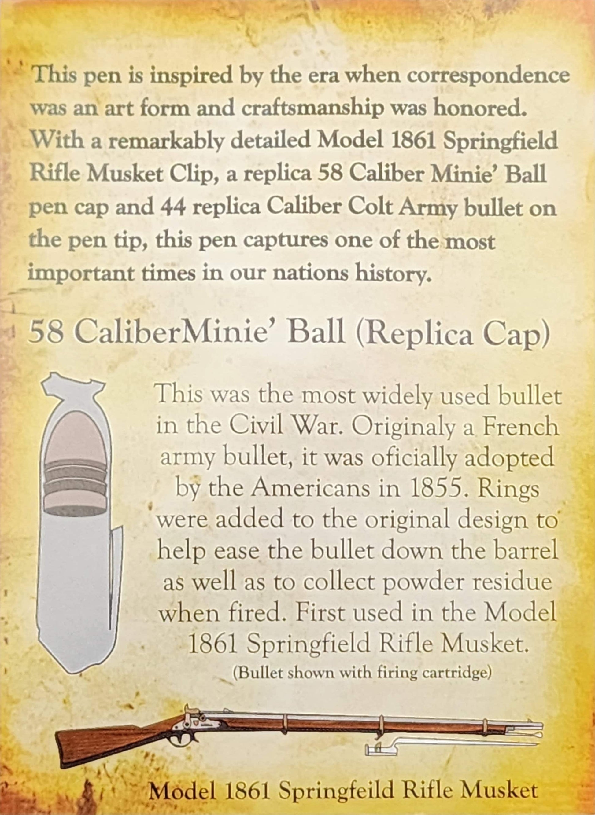 Civil War Twist Pen | Model 1861 Springfield | 58 Caliber Minie Ball | 44 Caliber 1860 Colt Army Revolver Bullet | Handcrafted Pen