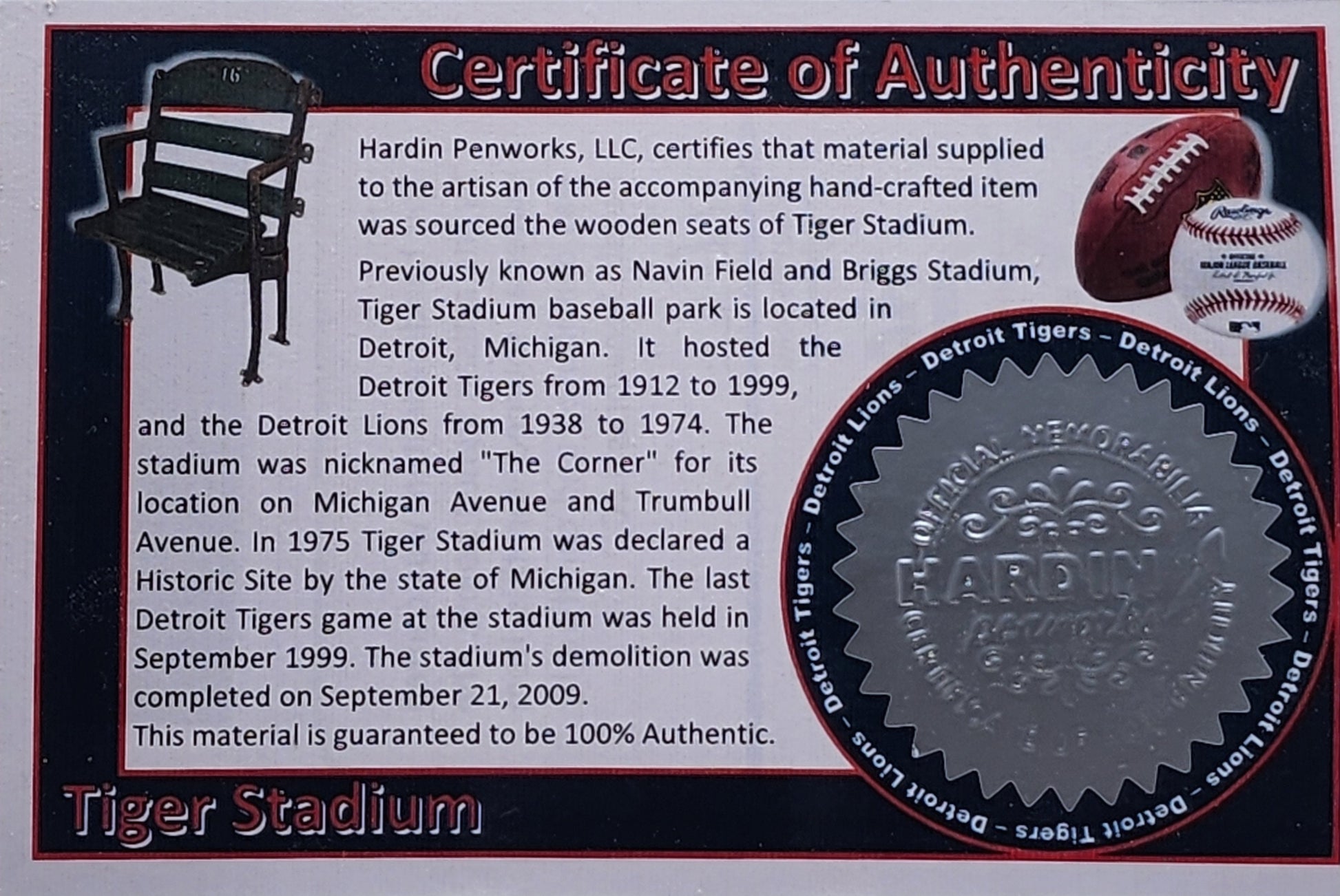 Detroit Tigers Pen | Tiger Stadium Souvenir Seat Pen | Baseball | Collectible | MLB | Handcrafted Pen | Tigers Fan Gift