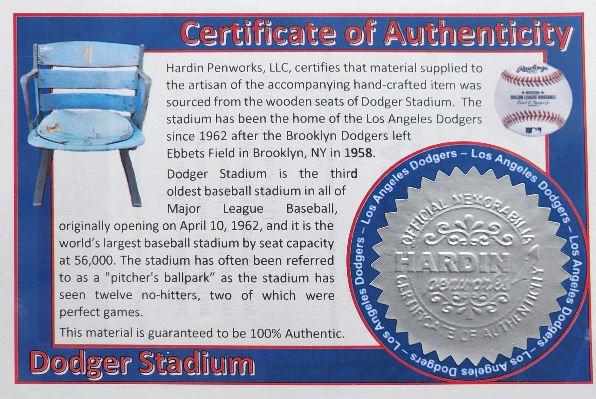 Los Angeles Dodgers | Dodger Stadium Souvenir Pen | Dodger Stadium Seat Pen | Baseball | Collectible | MLB | Handcrafted | Dodgers Fan Gift