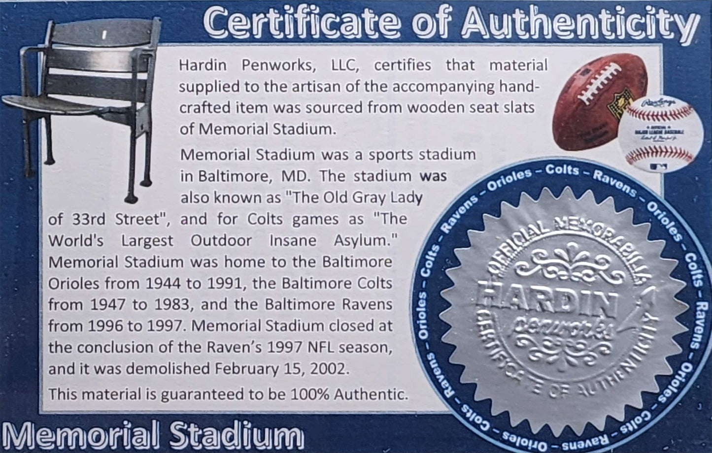 Baltimore Orioles, Colts, Ravens | Memorial Stadium Souvenir Pen | Memorial Stadium Seat Pen | Baseball | Football | Collectible | MLB | NFL