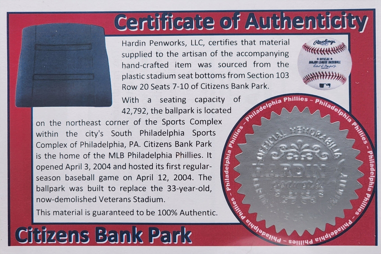 Philadelphia Phillies | Citizens Bank Park Souvenir Pen | Stadium Seat Pen | Baseball | Collectible | MLB | The Bank | Phillies Fan Gift