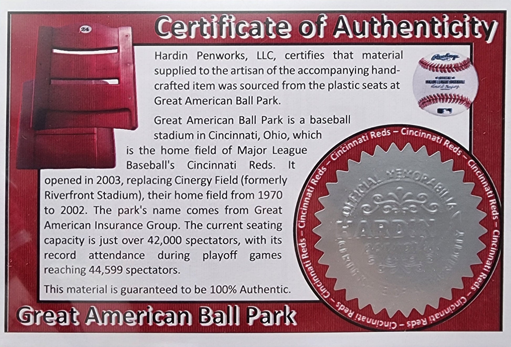 Cincinnati Reds Pen – Made from Great American Ball Park Seating · Baseball Kit Twist Pen · MLB Collectible · Reds Fan Gift