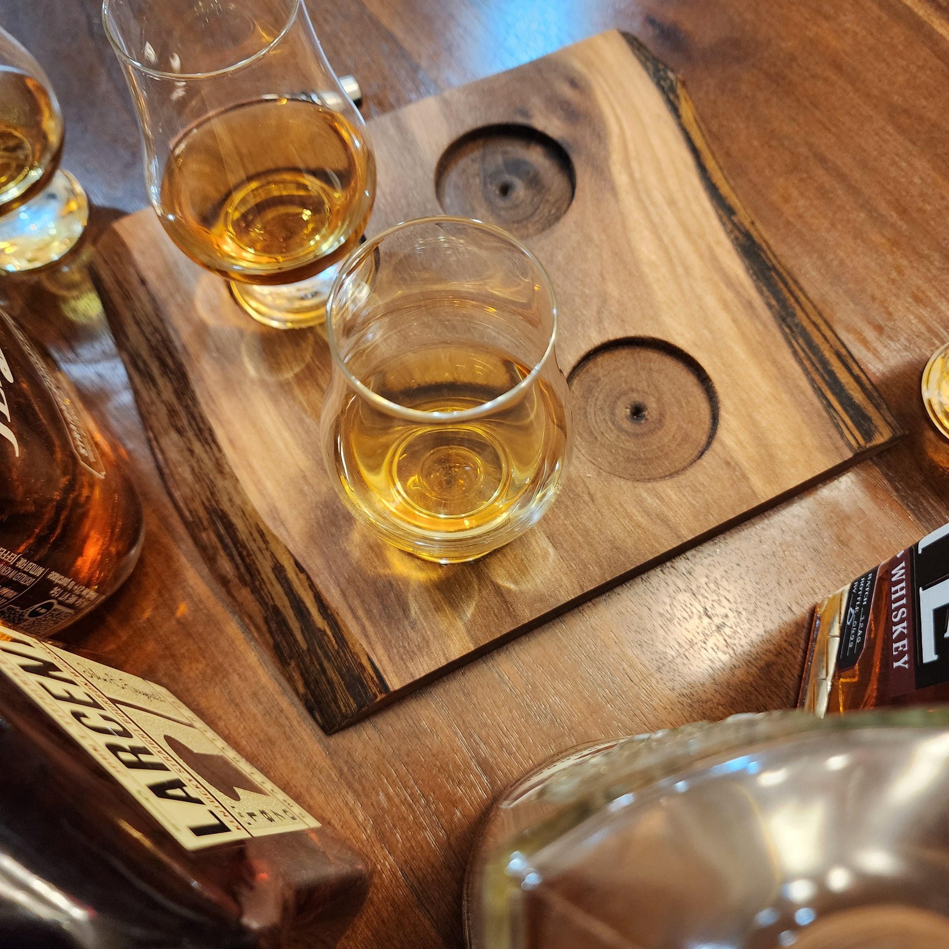 Whiskey Flight • Live Edge Walnut • Handmade Hardwood • Bourbon Tasting Tray • Bar Gift