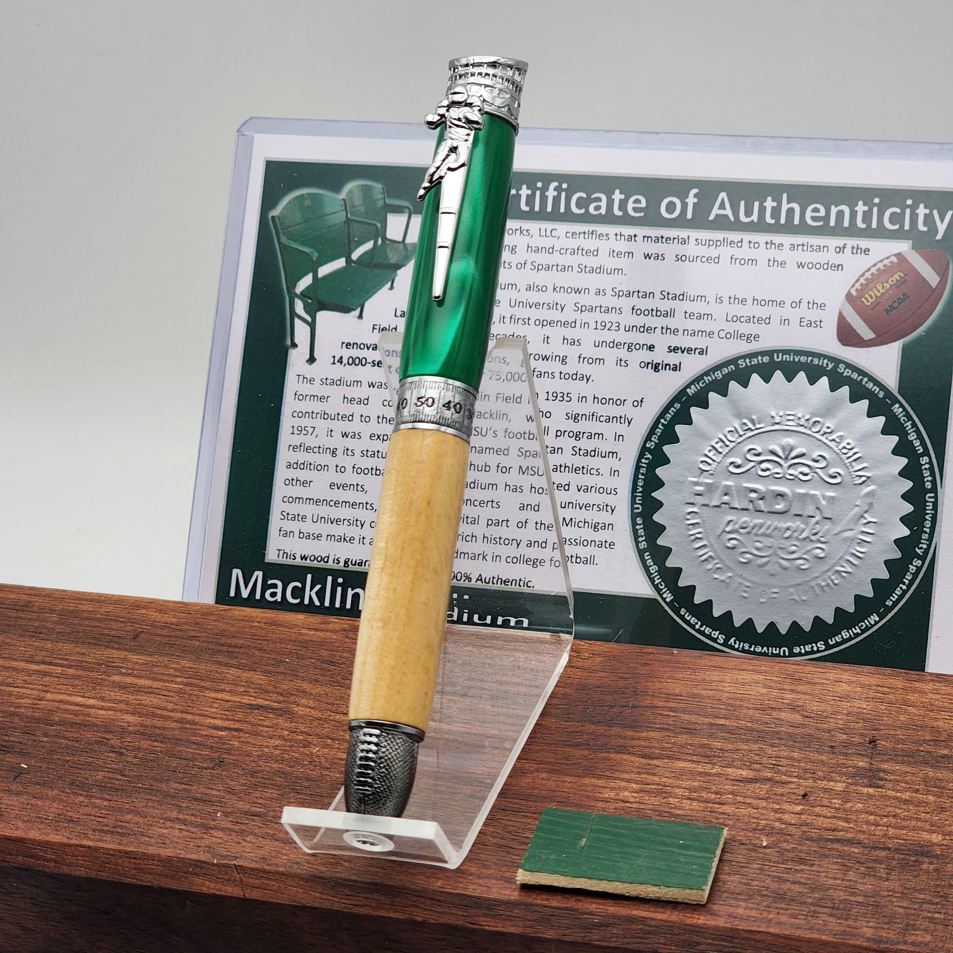 Macklin Stadium Pen – Turned from Historic Seating · Michigan State University Collector’s Football Gift · Handmade Stadium Series Twist Pen