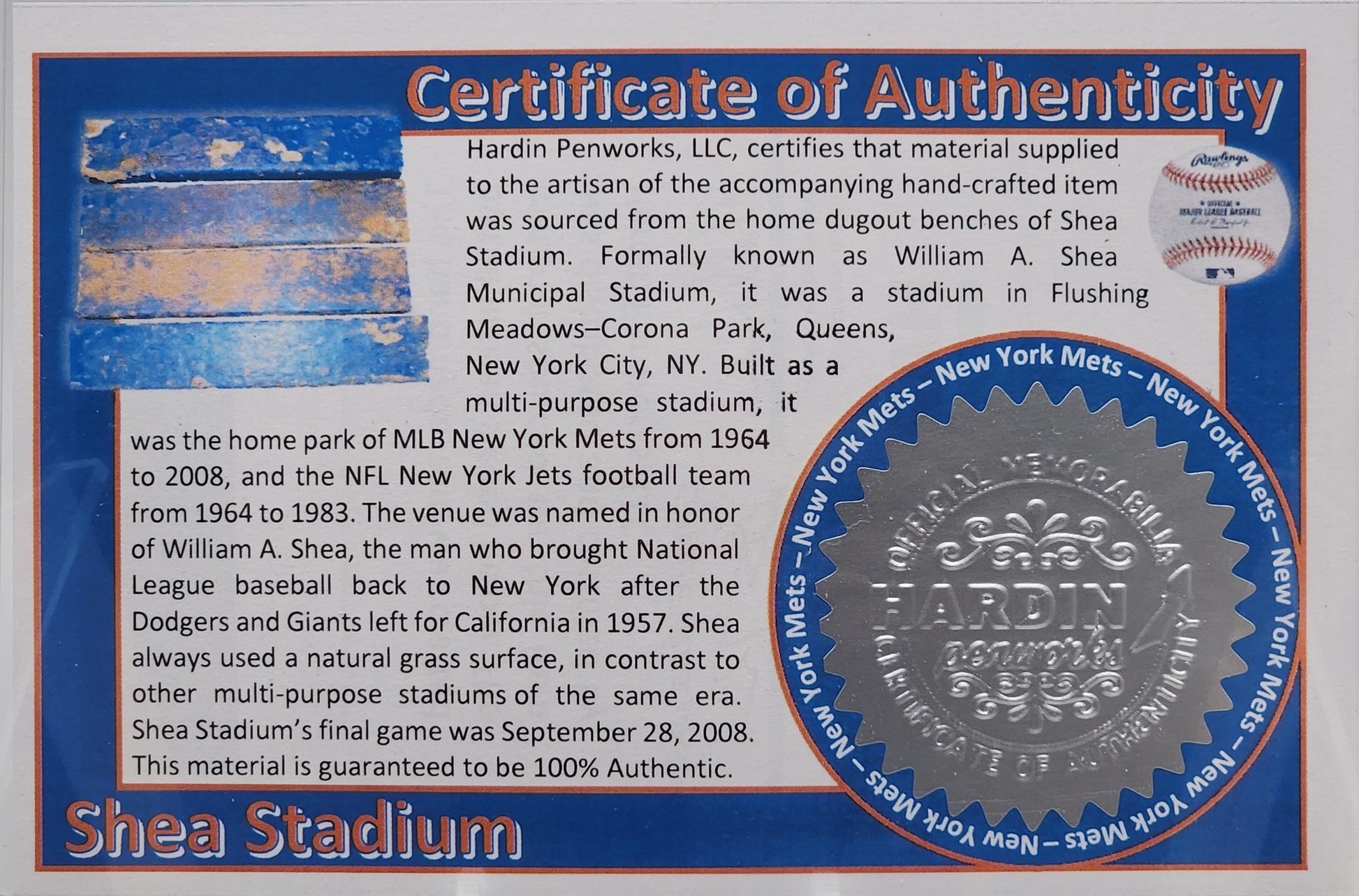 New York Mets Pen – Made from Shea Stadium Seating · Baseball Kit Bolt-Action Pen · MLB Collectible · Mets Fan Gift