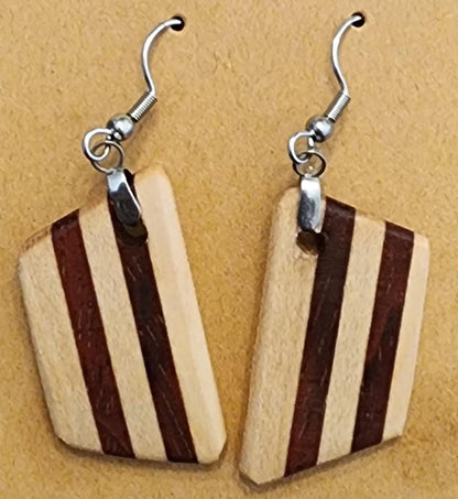Maple Verge wooden earrings with striped dark and light wood tones. Handcrafted and lightweight for everyday wear.

Black ribbon gift box for wooden earrings, available as a $3 add-on. Perfect for birthdays, weddings, and special occasions.